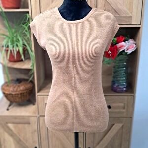 Michael Kors Gold Shimmer Sleeveless Sweater Blouse Fitted Ribbed Zip Shoulders